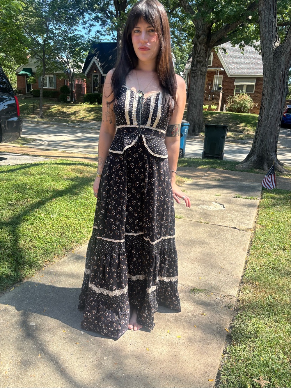 Gunne Sax Gold Label Black Floral Peplum Maxi Sun Dress with Cream Lace Size 9